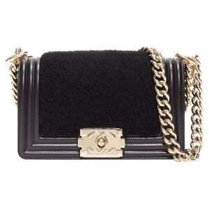 Chanel Boy Small Shearling Leather Gold CC Push Lock Chain Flap Bag
